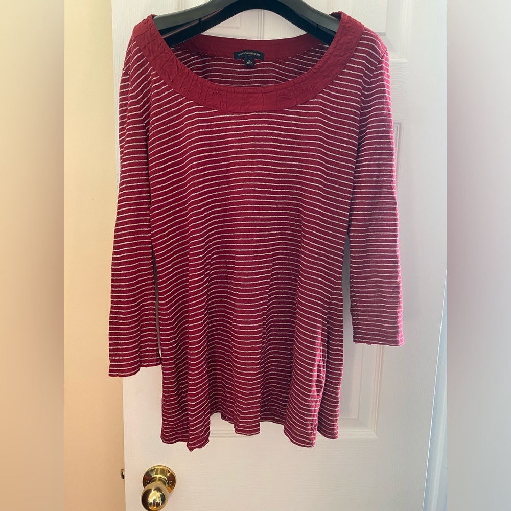 Banana Republic Red and White Striped Long-Sleeve Scoop Neck Top